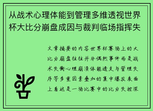 从战术心理体能到管理多维透视世界杯大比分崩盘成因与裁判临场指挥失衡
